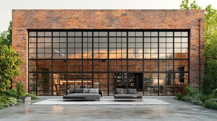 Modern industrial-style house exterior featuring large glass windows and outdoor seating area