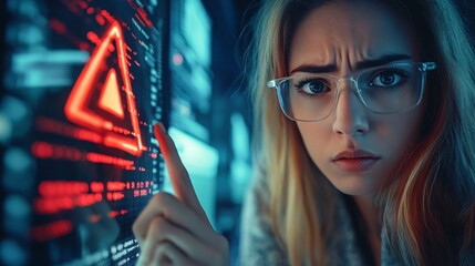 Programmer woman pointing at warning sign on screen with code