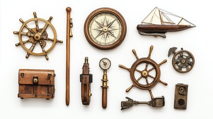 Nautical Instruments and Decor Collection on Wooden Surface