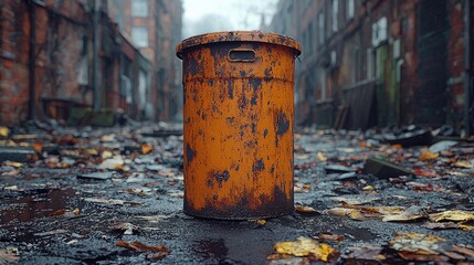 Rusty orange trash bin in a deserted alley surrounded by fallen leaves and old buildings