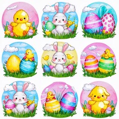 Set of easter eggs, rabbits and chickens in the grass Easter Watercolor Collection Set
