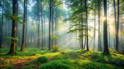 Obraz premium Misty Morning in the Forest, Tranquility, Forest