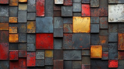 Abstract metal wall composed of various colored panels showcasing texture and depth
