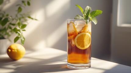 Iced tea with lemon slices and fresh mint in a tall glass on a sunny day