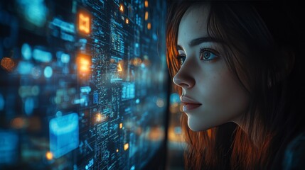 Young Woman Analyzing Cyber Security Data on Digital Interface
