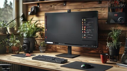 Modern workspace featuring a sleek computer setup with plants, coffee, and wood accents