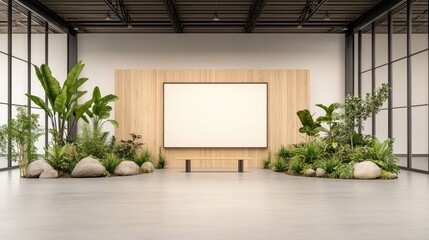 Modern interior space with a blank screen, lush plants, and natural decor in a spacious setting