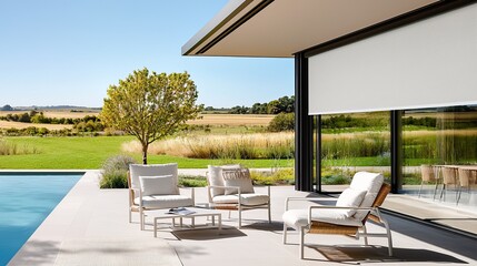 Outdoor patio with weatherproof motorized blinds, offering shade and privacy in a vibrant garden setting, versatile lifestyle concept