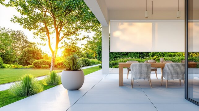 Outdoor patio with weatherproof motorized blinds, offering shade and privacy in a vibrant garden setting, versatile lifestyle concept