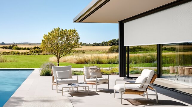 Outdoor patio with weatherproof motorized blinds, offering shade and privacy in a vibrant garden setting, versatile lifestyle concept