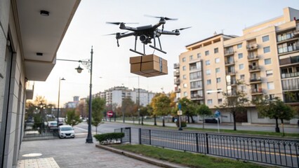 Drones flying to deliver goods.