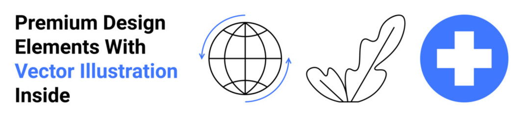 Globe with arrows, leaf outline, and healthcare cross symbolizing global interaction, eco-conservation, and health. Ideal for sustainability, healthcare, global business, education nature campaigns