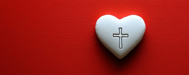 Heart Symbolizing Faith and Love White Heart Adorned with a Cross on a Red Background