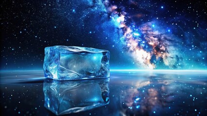 Obraz premium Thin sheet of transparent blue ice floating in the darkness of space with scattered starlight reflected off its surface , Galaxy