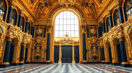 Obraz premium Opulent Palace Interior Featuring Gold Ornamentation and Checkered Flooring