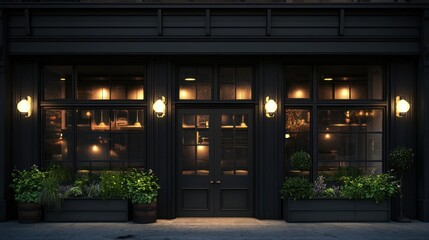 Dark, stylish restaurant exterior at night