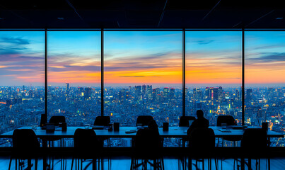 Stunning sunset cityscape view from a modern office, silhouetted figures at a conference table. Ideal for business, travel, or lifestyle concepts.