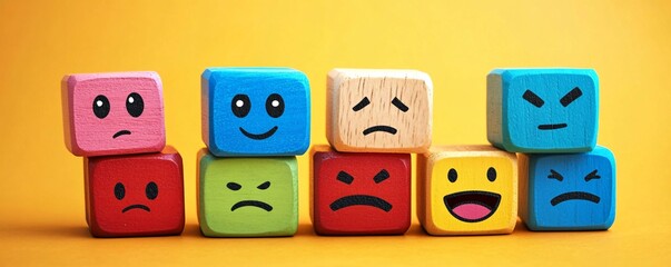Colorful cubes showing different mood faces are standing on orange background