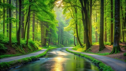 Obraz premium Serene winding road through lush green forest with tall trees on either side and a gentle stream running alongside the road, greenery, countryside