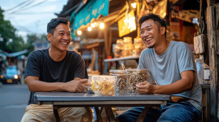 Two friends share a joyful moment at a street food stall, enjoying snacks and laughter in a vibrant market setting.