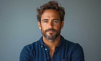 Obraz premium Portrait of a Confident Bearded Man in Casual Blue Shirt