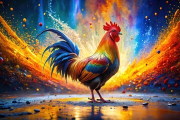 Fototapeta premium A Vibrant Rooster Amidst an Explosion of Color, a Majestic Display of Feathers and Hues in a Dynamic Composition