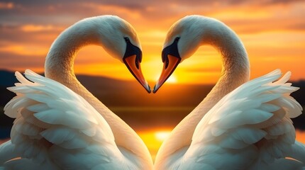 Fototapeta premium Swan Pair Forming a Heart at Sunset Symbolizing Love and Romance