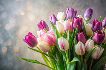 Obraz premium A Delicate Bouquet of Pastel and Purple Tulips, a Stunning Springtime Floral Arrangement with Soft Background Blur