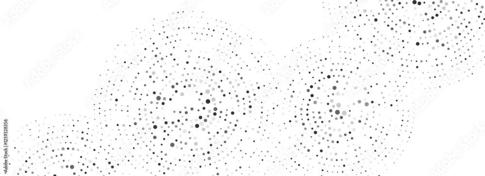 Poster Black dotted concentric circle pattern. Rippled sound wave ring background. Radial halftone abstract drop wallpaper. Circular particle texture for flyer, poster, presentation, banner. Vector backdrop