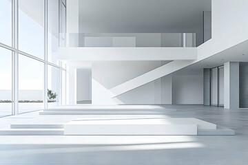 Fototapeta premium Modern minimalist architecture, sunlit interior design showcasing sleek white platforms, glass walls, and a floating staircase. Ideal for real estate, design, and contemporary living concepts.