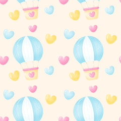 Cute Handdrawn Watercolor Air Balloon Seamless Pattern