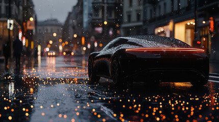 sleek self driving car navigates rainy urban street, reflecting city lights