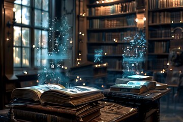 Ancient Library, Magical Books, Glowing Glyphs, Arcane Knowledge, Mystical Texts, Enchanting Spells,