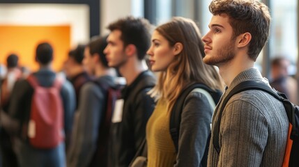 Obraz premium Job seekers waiting in line at a bustling career expo