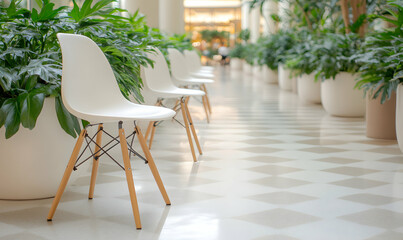 Fototapeta premium Modern white chairs lined up in a bright, plant-filled interior space, showcasing clean design and tranquil ambiance.