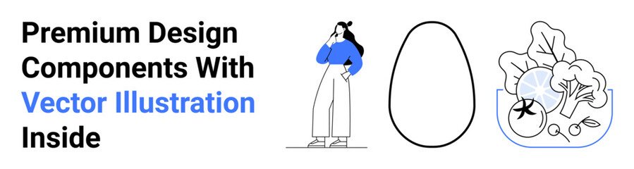 Thoughtful woman in blue sweater, abstract egg outline, and vegetable bowl. Ideal for creativity, lifestyle, health, food, minimalism, design inspiration and flat landing page banner