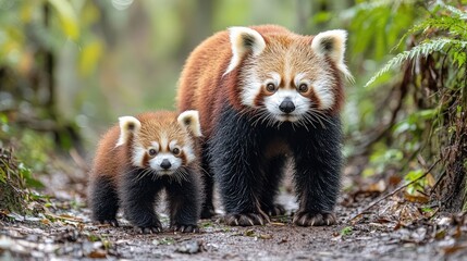A mother red panda and her cub walking together on a forest path surrounded by lush greenery