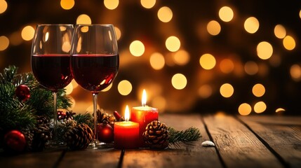 Festive red wine, candles, Christmas decor, bokeh background; holiday celebration