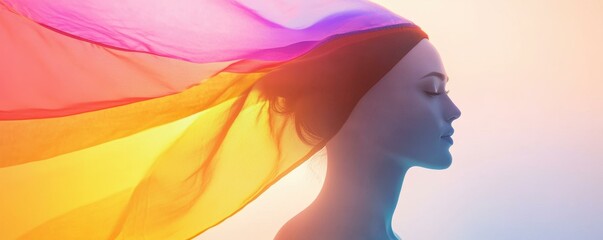 Serene Woman with Flowing Colorful Fabric