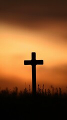 Silhouette of Cross in Field Against Glowing Golden Sky Symbolic Beacon of Hope and Faith Religion