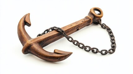 Vintage Wooden Anchor with Chain on Light Background for Nautical Theme