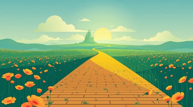 Modern flat design illustration of a yellow brick road leading through a poppy field towards a distant emerald city, Wizard of Oz concept, featuring hazy soft light, simple shapes, and a two-dimension