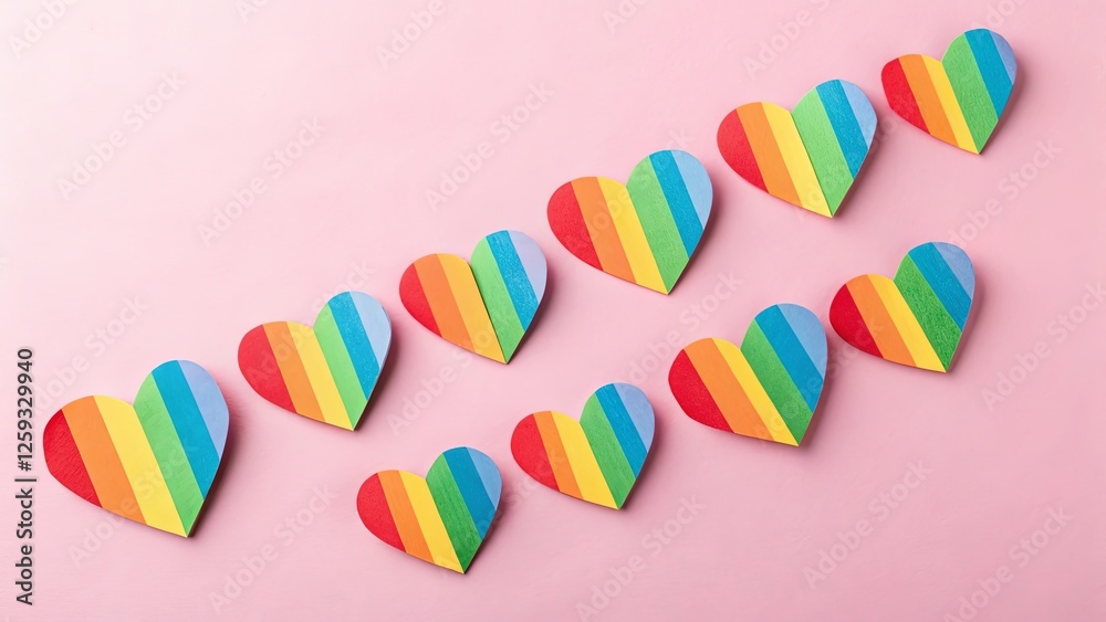 Poster a row of rainbow hearts are lined up on a pink background