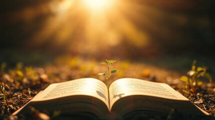 Open book on the ground, small plant growing out. Christian art highlighting growth