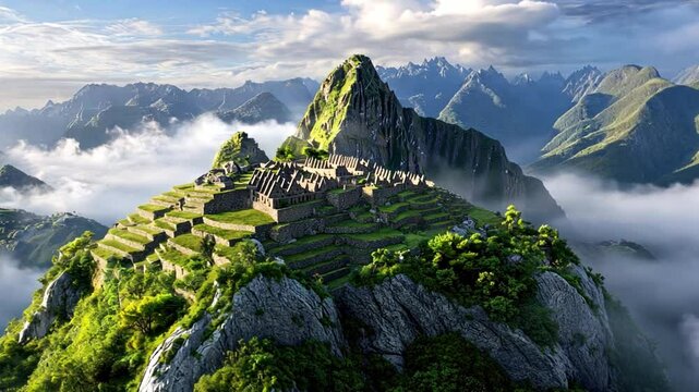 Machu Picchu in the Clouds: Majestic Machu Picchu, an ancient Inca citadel, perched high in the Andes Mountains, shrouded in mystical clouds.