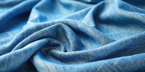 Close-up shot of light blue denim fabric with gentle folds and creases, highlighting the natural fibers and the subtle sheen on its surface, denim, textile detail