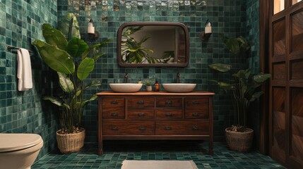 Fototapeta premium A botanical-themed bathroom with dark green tiles, potted plants, and a wooden vanity.