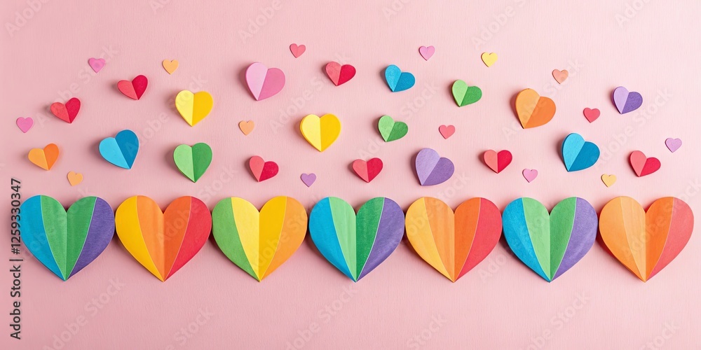 Poster a row of rainbow hearts are lined up on a pink background