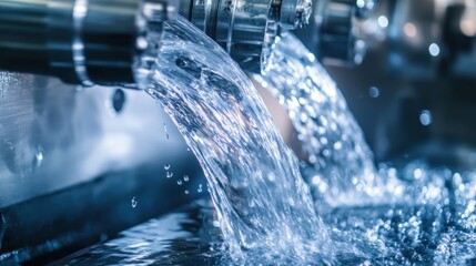 Pure water flows from industrial pipes
