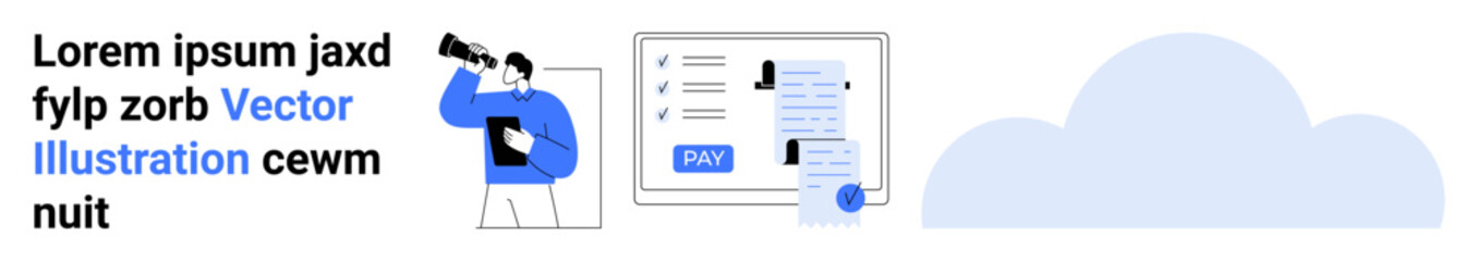 Man using a telescope, clipboard, screen showcasing payment process, cloud symbolizing storage. Ideal for innovation, technology, exploration, data analysis, finance business and future concepts